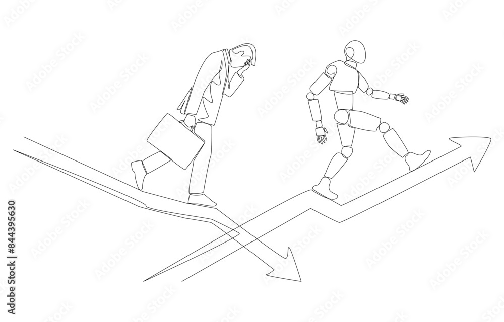 Fototapeta premium Continuous one line drawing of businessman walking down falling graph while robot walking up rising graph, substituting human labor with technology concept, single line art.