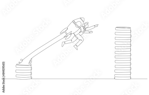 Continuous one line drawing of businessman with rocket booster soaring to higher coin stack, skill development to increase salary concept, single line art.