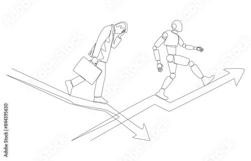 Continuous one line drawing of businessman walking down falling graph while robot walking up rising graph, substituting human labor with technology concept, single line art.