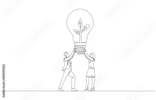 Continuous one line drawing of businessman and businesswoman holding light bulb with young plant inside, environmentally friendly business practice, ESG concept, single line art.