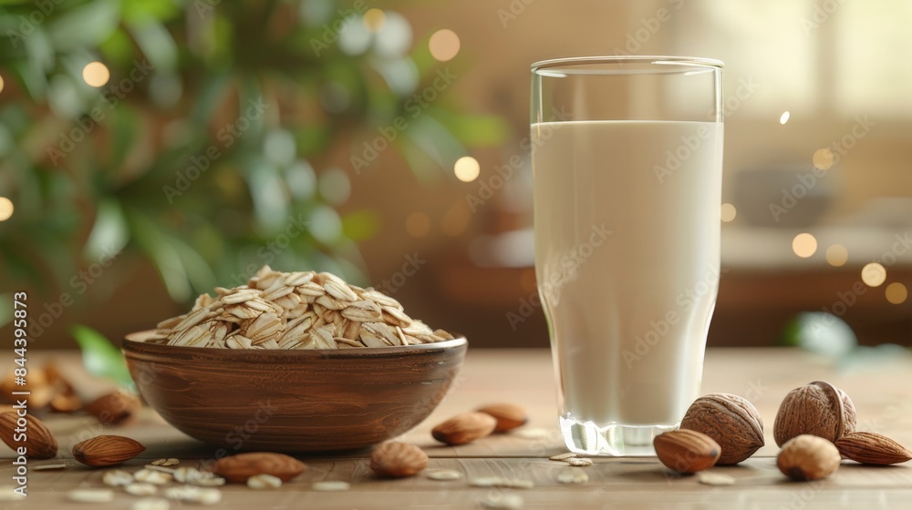 Minimal style, realistic depiction of a glass of homemade nut milk with almonds and a small bowl of oats. This illustration emphasizes dairy-free, plant-based nutrition, highlighting the clean, Minimal style, realistic depiction of a glass of homemade nut milk with almonds and a small bowl of oats. This illustration emphasizes dairy-free, plant-based nutrition, highlighting the clean,