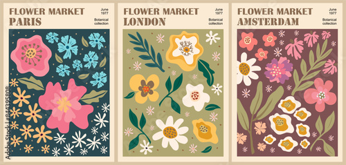 Set of abstract Flower Market posters. Trendy botanical wall arts with floral design in danish pastel colors. Modern naive groovy funky interior decorations, paintings. Vector art illustration.