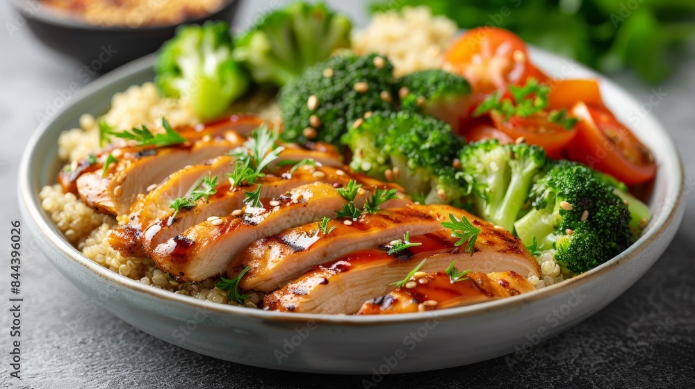 Realistic illustration of a clean eating plate with grilled chicken, steamed broccoli, and quinoa. The minimal style highlights healthy eating and nutrient-dense food choices, showcasing the clean,