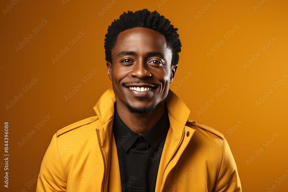Obraz premium Smiling black man in a yellow jacket on a yellow background.
