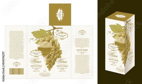 vector label layout of a tetra pack pattern for white wine with a realistic drawing of a glass of wine and a bunch of grapes. Vector illustration. Collection of quality wines