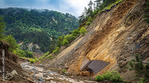 A shuddering hillside seemingly hanging on by a thread with loosened soil and rocks tered down the slope from a recent landslide photo