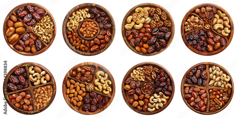 Set of Ramadan Dates And Nuts Platter isolated on transparent png background. Generative ai Set of Ramadan Dates And Nuts Platter isolated on transparent png background. Generative ai