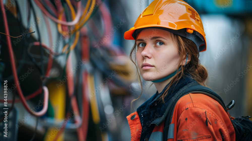 Portrait of a female electrician with helmet and goggles standing in a power supply station. Portrait of a female electrician with helmet and goggles standing in a power supply station.