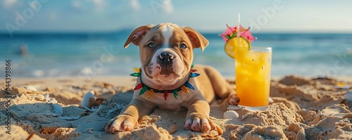 Christmas in July puppy with a festive collar and tropical drink, festive beach scene, bright colors, joyful atmosphere, summer sun, high quality photo