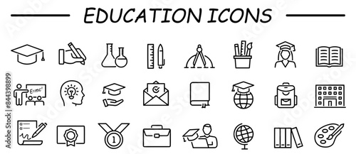 Education line icon collection. Vector illustration. Containing knowledge, college, task list, design, training, idea, teacher, file, graduation hat, institute, ruler, telescope.