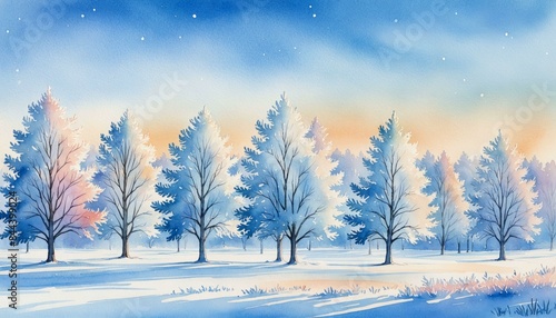 Frost-Covered Trees with Sparkling Ice, Watercolor Background Illustration