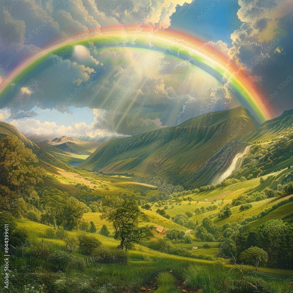 A classic arc of a rainbow stretching across a lush green valley after a spring rain. A classic arc of a rainbow stretching across a lush green valley after a spring rain.