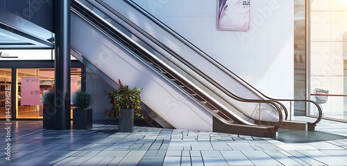 Ultra-tall sticker mock-up on a shopping mall escalator, adding a touch of art.