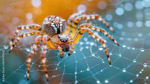 Macro photograph of a spider in its web. The close-up view captures the spider's detailed body and legs, as well as the delicate strands of the web. The natural lighting highlights the spider's © Woraphon