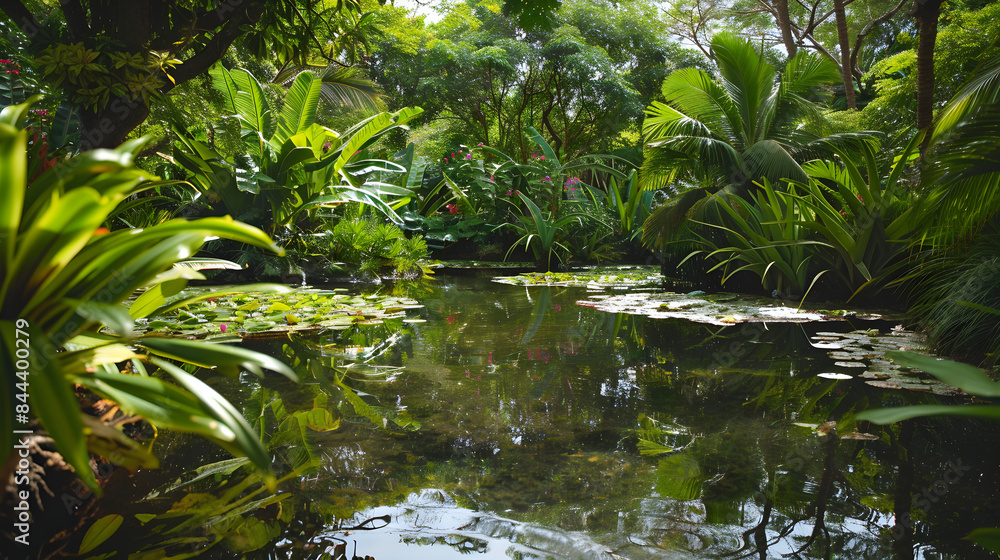 Tranquil pond with vibrant green foliage, creating a serene and picturesque natural oasis setting. Tranquil pond with vibrant green foliage, creating a serene and picturesque natural oasis setting.