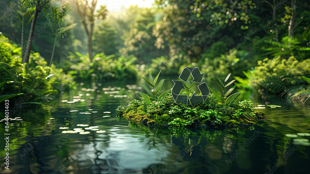 abstract symbol advocating ecological responsibility, featuring a pond adorned by a recycling symbol amidst a pristine jungle setting, urging recycling and reuse abstract symbol advocating ecological responsibility, featuring a pond adorned by a recycling symbol amidst a pristine jungle setting, urging recycling and reuse