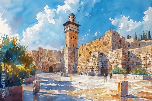 Ancient Tower of David in Jerusalem: Wide-Angle Watercolor Illustration on a Sunny Day