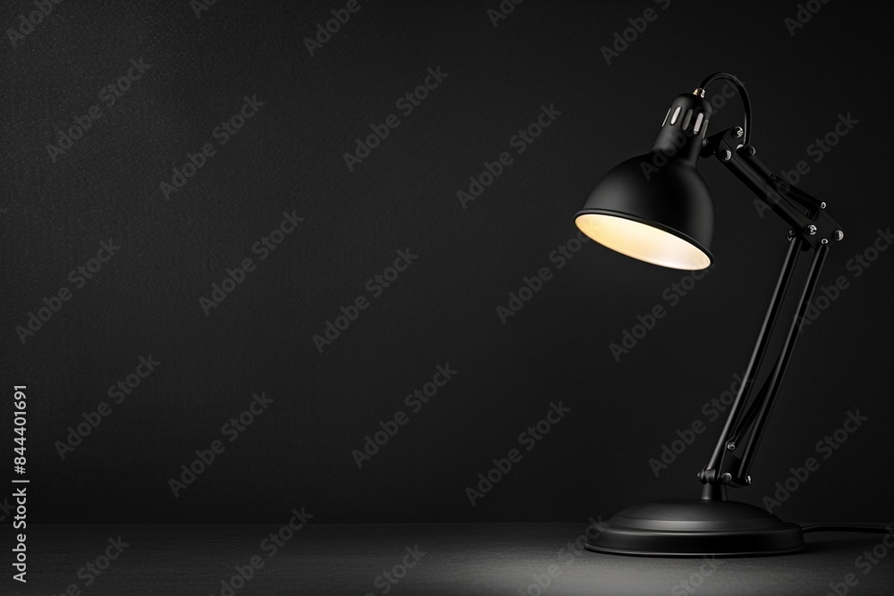 A stylish, minimalist black desk lamp on a black background, creating a dramatic contrast with focused lighting on the lamp's details. The atmosphere is elegant and sophisticated