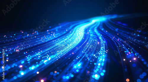 Abstract futuristic background with blue light streaks resembling fiber optics and speed lines, symbolizing high-speed data transmission for 5G or 6G technology wireless networks