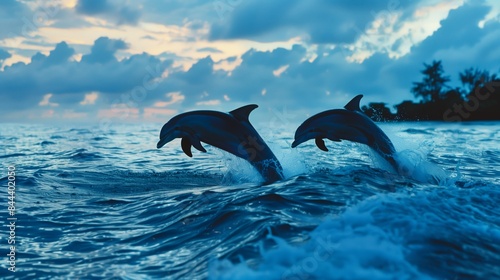 A tranquil island shore at dusk  with dolphins leaping  creating a serene and picturesque scene.