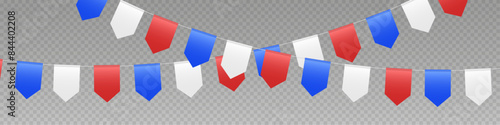 Bunting flags garland, USA party flags in red, blue and white colors. Patriotic pennant decoration for Independence Day. Vector illustration.