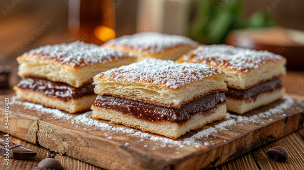 Pain au Chocolat: A tray of chocolate croissants with their signature layers and chocolate filling arranged on a rustic wooden board. Pain au Chocolat: A tray of chocolate croissants with their signature layers and chocolate filling arranged on a rustic wooden board.