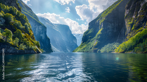 A stunning fjord with steep cliffs rising up on a clear day, reflecting in water. photo