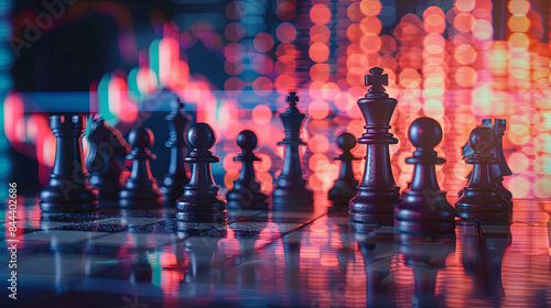Chess game being played on a chessboard with forex chart indicators or stock market graphs in the background against an abstract backdrop. Business concept aimed at presenting financial data and analy