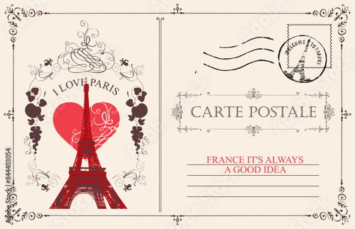 Retro postcard with Eiffel tower in Paris, France. Romantic vector postcard in vintage style with rubber stamp, sign heart and words I love Paris on background of old paper