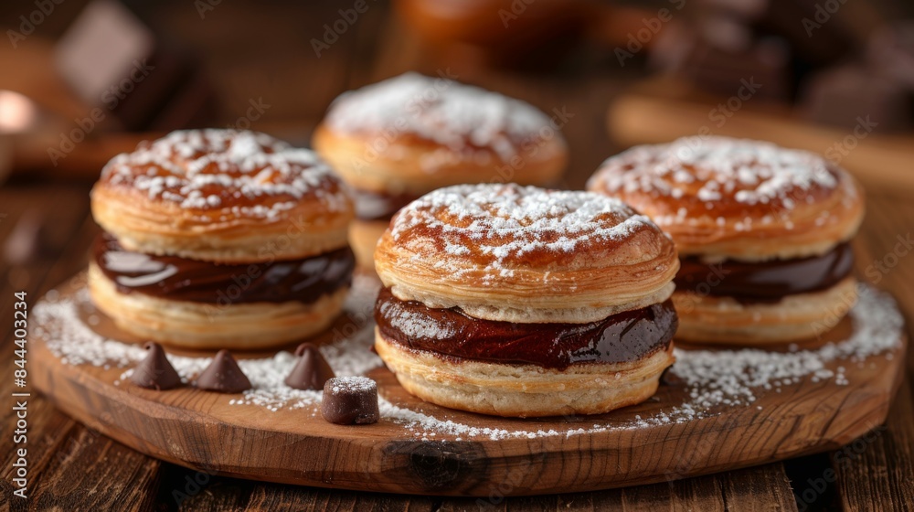 Pain au Chocolat: A tray of chocolate croissants with their signature layers and chocolate filling arranged on a rustic wooden board. Pain au Chocolat: A tray of chocolate croissants with their signature layers and chocolate filling arranged on a rustic wooden board.