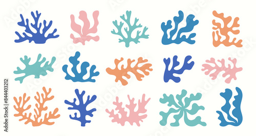 Collection of abstract seaweed aesthetic element and coral. Organic nature shapes in trendy Matisse art style. Contemporary collage. Ocean plants, underwater marine flora. Vector illustration.