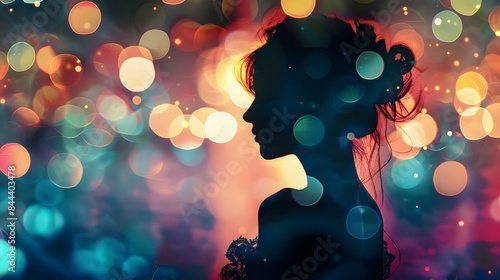 Abstract silhouette of a woman with vibrant bokeh lighting.