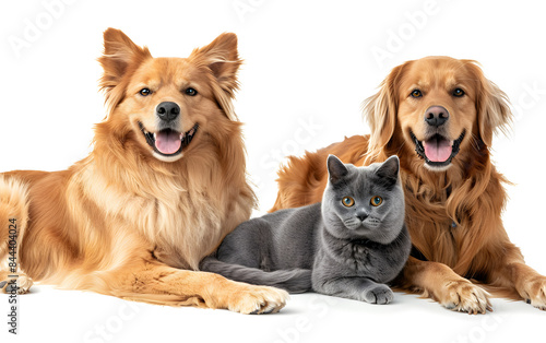 A group of cute dogs and puppies sitting together in a studio portrait on a white background