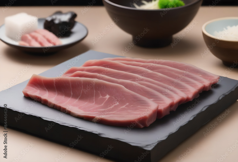 A plate of thinly sliced raw pork with lettuce and dipping sauce. A plate of thinly sliced raw pork with lettuce and dipping sauce.