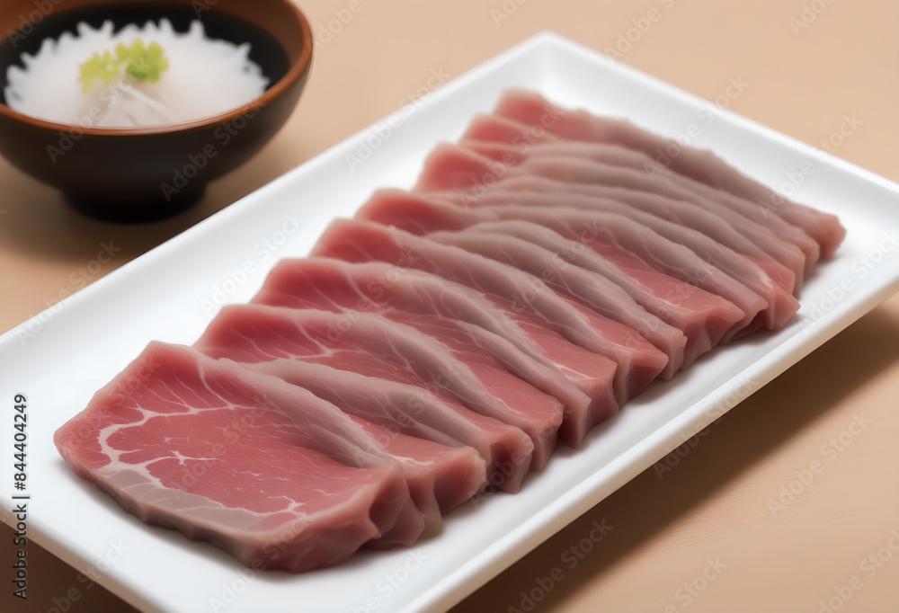 A plate of thinly sliced raw pork with lettuce and dipping sauce. A plate of thinly sliced raw pork with lettuce and dipping sauce.