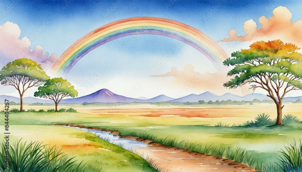 Obraz premium Savanna with a Rainbow After Rain and Vibrant Colors, Watercolor Background Illustration