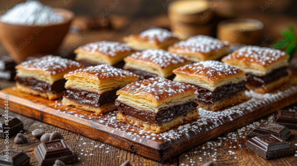 Pain au Chocolat: A tray of chocolate croissants with their signature layers and chocolate filling arranged on a rustic wooden board. Pain au Chocolat: A tray of chocolate croissants with their signature layers and chocolate filling arranged on a rustic wooden board.