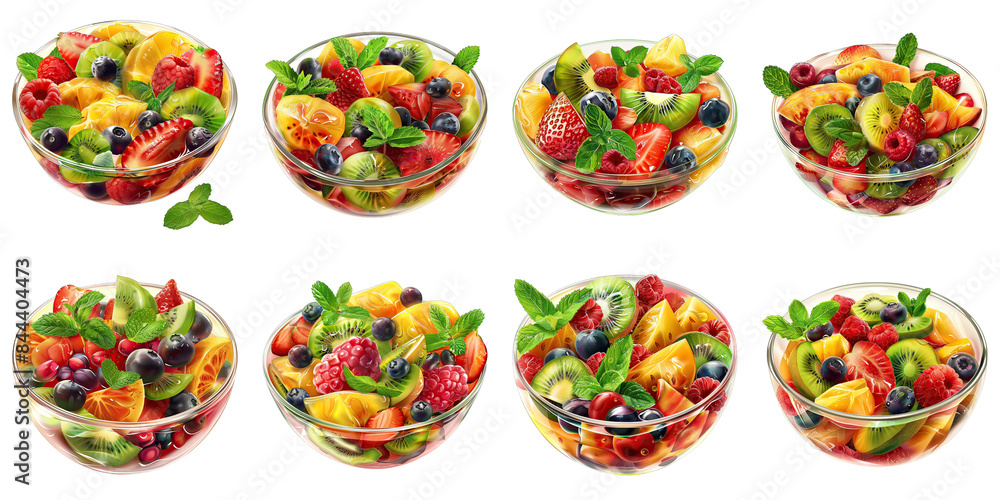 Set of Summer Fruit Salad With Mint Banner isolated on transparent png background. Generative ai Set of Summer Fruit Salad With Mint Banner isolated on transparent png background. Generative ai