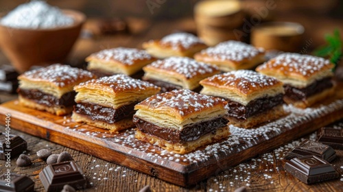 Pain au Chocolat: A tray of chocolate croissants with their signature layers and chocolate filling arranged on a rustic wooden board. 