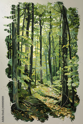 Serene Forest Landscape Cutout with Tall Trees and Dappled Sunlight