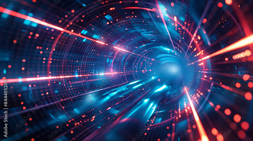 Naklejka premium A blue and red tunnel with a blue light in the middle. Luminous abstract circular tunnel. Futuristic technological style. Illustration for banner, poster, cover, brochure or presentation