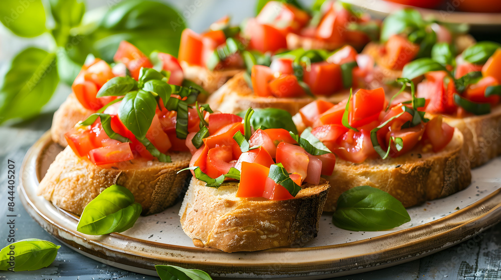 Delicious platter of vibrant bruschetta topped with ripe tomatoes and fresh basil leaves. Bon appétit! Delicious platter of vibrant bruschetta topped with ripe tomatoes and fresh basil leaves. Bon appétit!