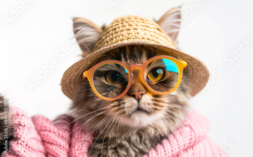 portrait of a Cat wearing glasses and hat
on white background, Cat taking a selfie Costume Summer season outfit, travel summer season 