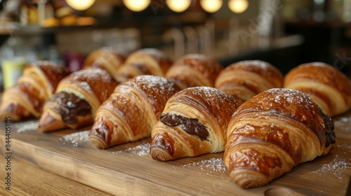 Pain au Chocolat: A tray of chocolate croissants with their signature layers and chocolate filling arranged on a rustic wooden board. 