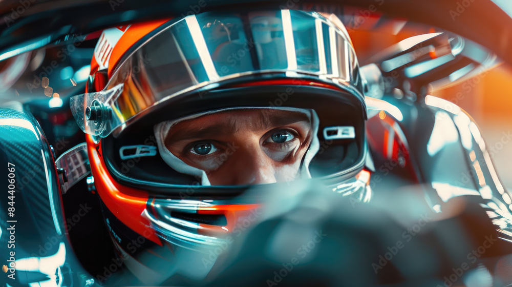 Close Up of Male F1 Racer with racing Helmet Close Up of Male F1 Racer with racing Helmet