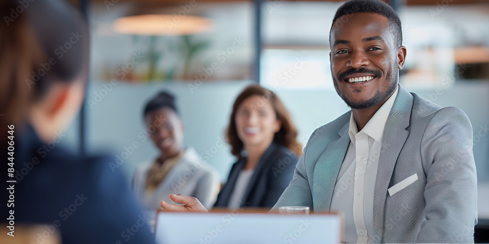 Cheerful business team in modern office, smiling, successful, and collaborating for corporate success Cheerful business team in modern office, smiling, successful, and collaborating for corporate success