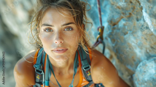 Caucasian young woman is climbing on steep rock cliff on mountain. Adventure and destination travel photo
