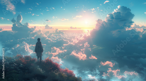 Anime angle girl watching the sunset on the mountain and hill with cloud and blue sky is digital art fantasy painting cartoon movie series of japan style