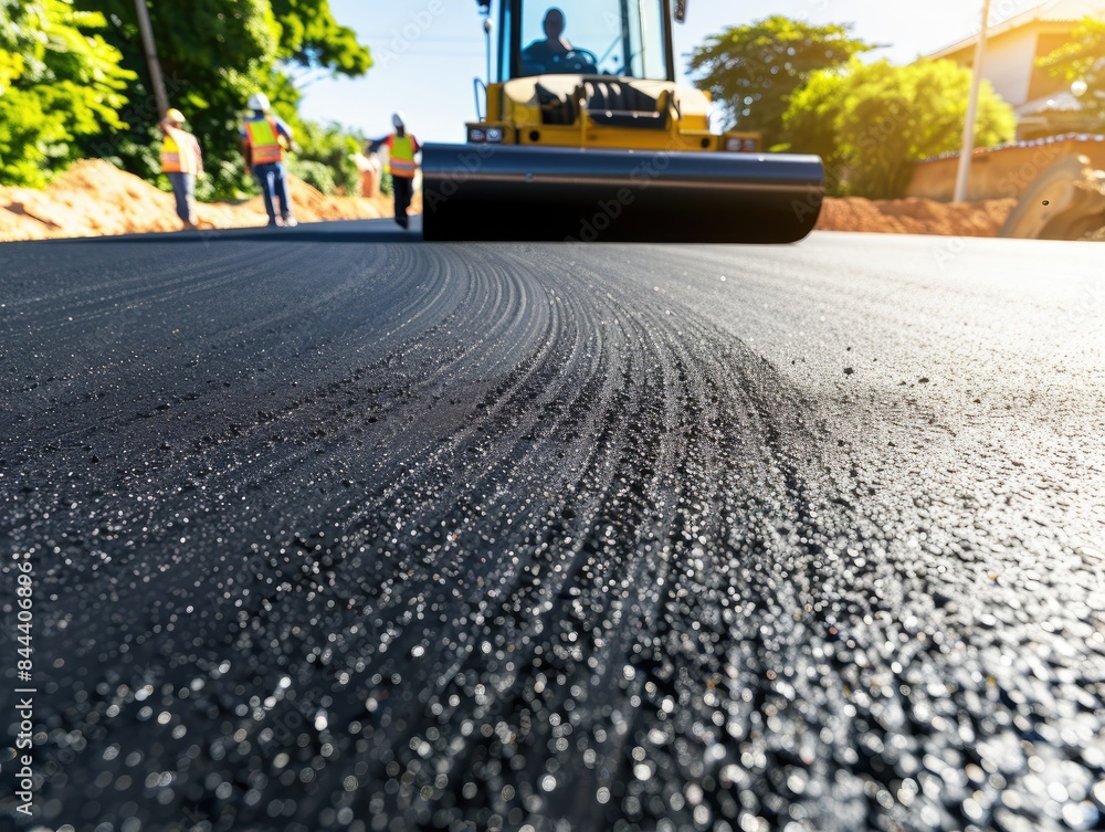 Asphalt roller at work, construction of new roads, repair of pavement, lining country roads, modern construction equipment Asphalt roller at work, construction of new roads, repair of pavement, lining country roads, modern construction equipment