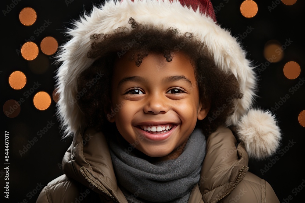 A little afro boy with a Santa hat on his head. A little afro boy with a Santa hat on his head.